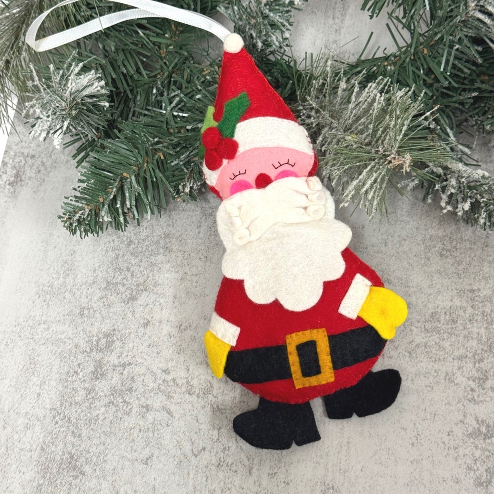 Vintage Handmade Felt Plush Santa Claus Christmas Ornament Red White 8 Inch